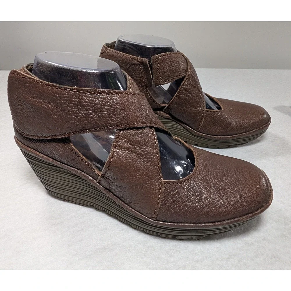 Fly London Pez Brown Leather Wedge Mary Jane Hook & Loop Comfort Shoes Women 8.5